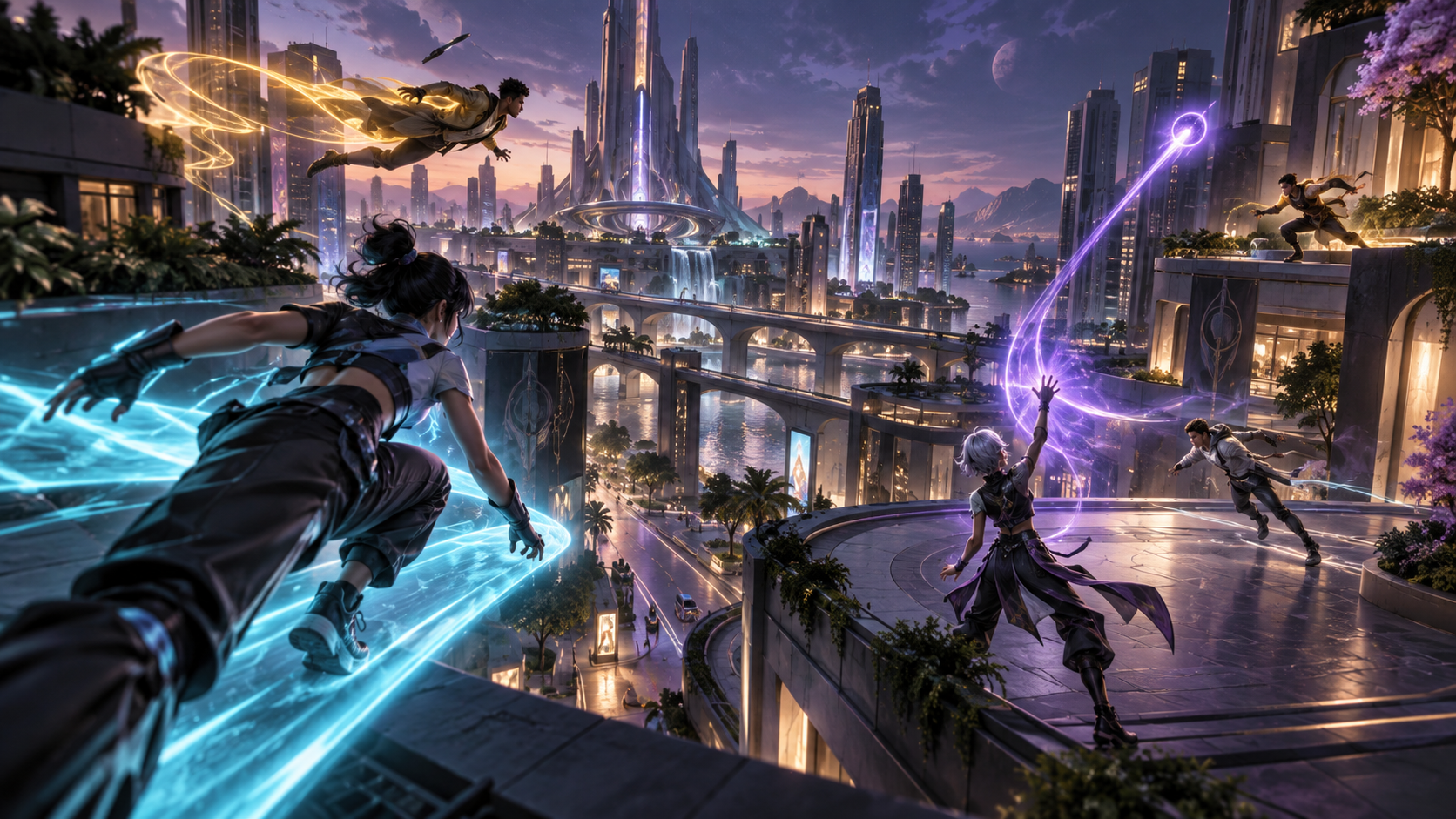 Original concept art of a team power encounter across a vertical city