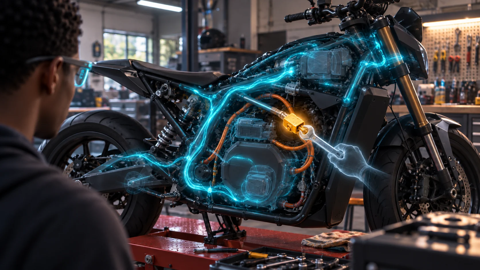Concept of glasses identifying one motorcycle component that needs attention