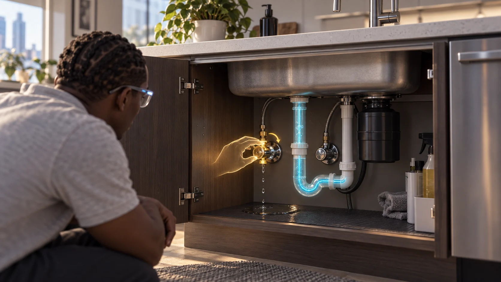 Concept of glasses highlighting a leaking valve and suggesting how to turn it