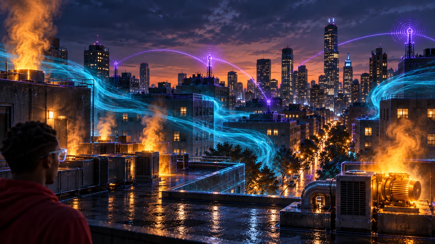Concept of glasses translating heat, airflow, and wireless signals into visible spatial layers